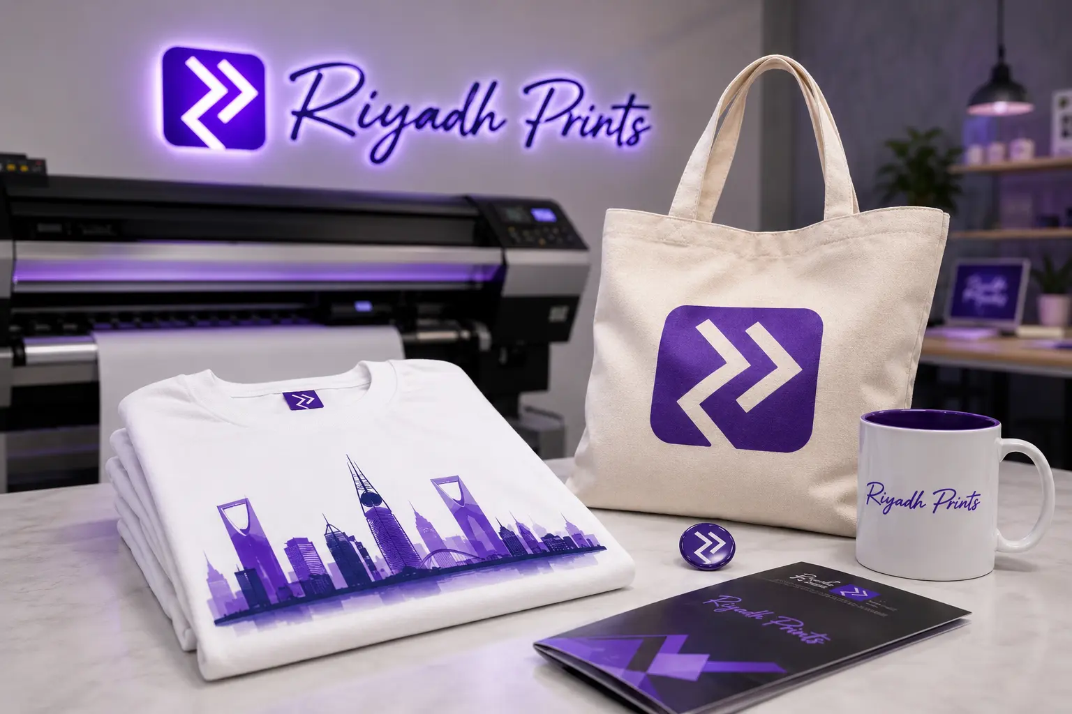 Riyadh Prints custom branded boxes, t-shirts, tote bags, packaging, business cards and printing products displayed in a professional print studio