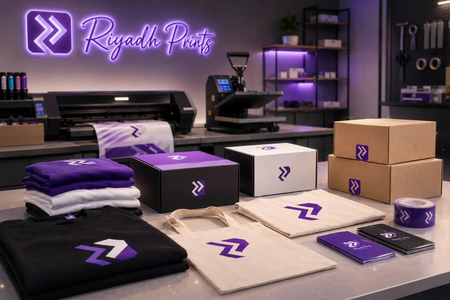Riyadh Prints custom merchandise printing with printed t-shirts, tote bags, mugs, badges and branded marketing materials