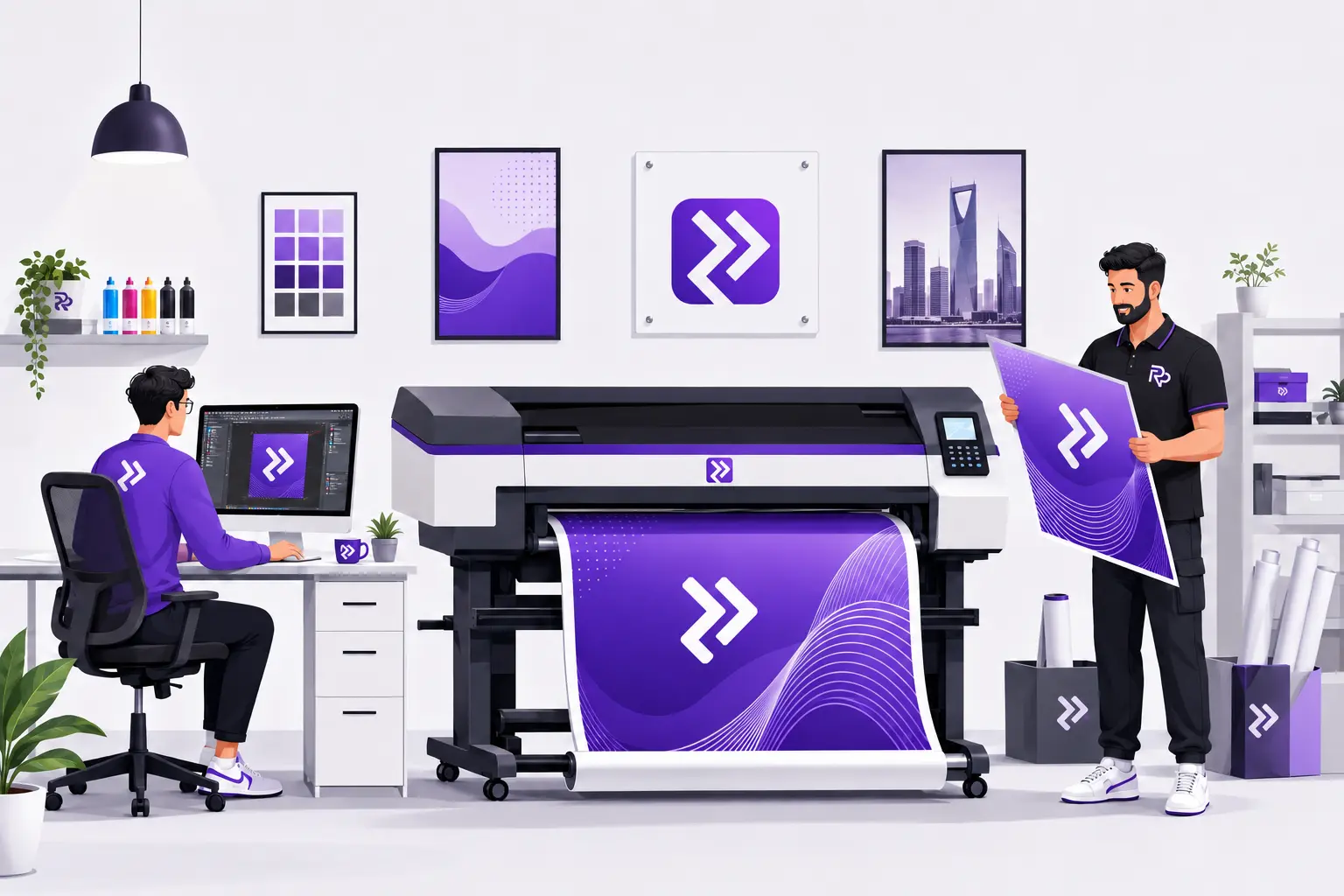 Illustrated Riyadh Prints studio with designers using a large format printer to produce purple branded posters and marketing materials