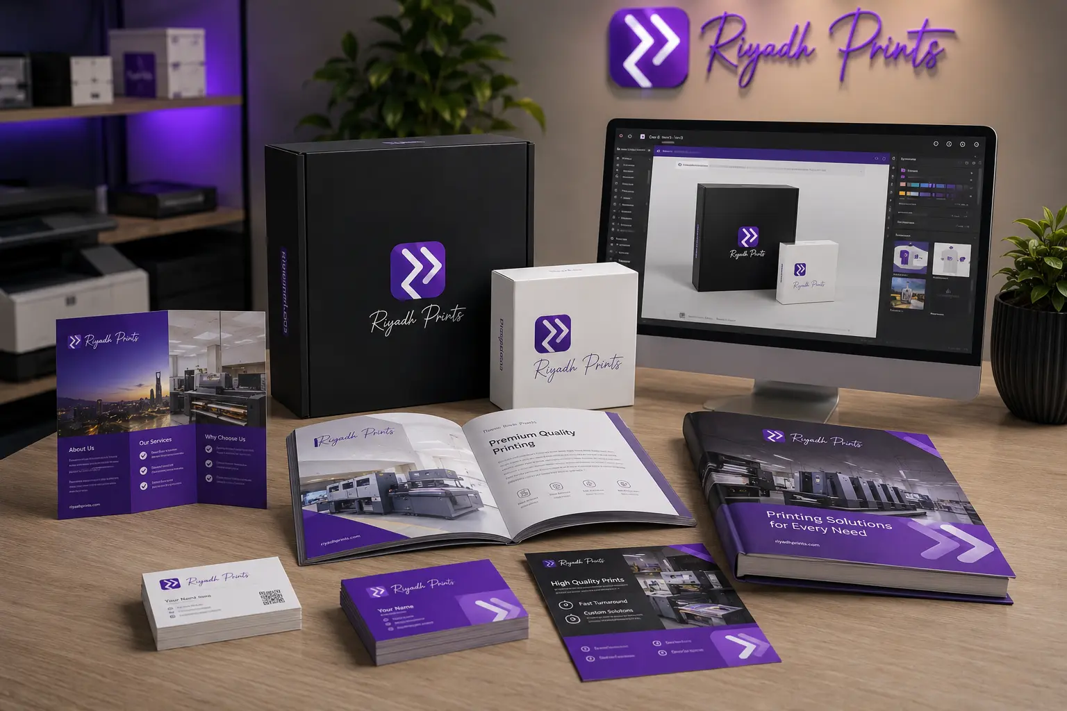 Riyadh Prints business branding materials including brochures, business cards, custom boxes, flyers and digital design mockups