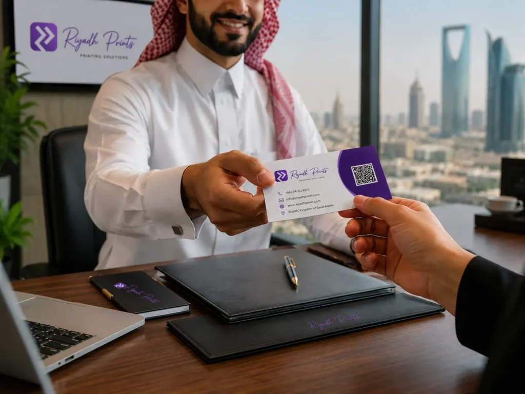 Professional business card exchange in a modern Riyadh office featuring Riyadh Prints branding and a city skyline background.