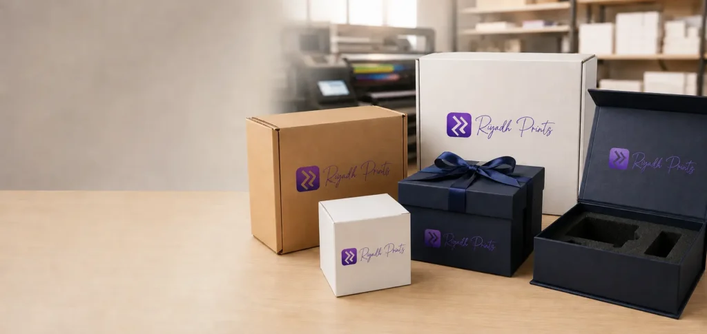 Custom packaging boxes by Riyadh Prints including a kraft shipping box, white cube box, navy ribbon tied gift box, square box, and open rigid box with foam insert