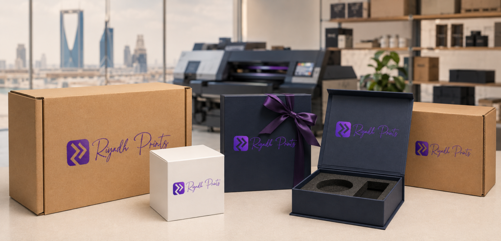Custom packaging boxes by Riyadh Prints with the Riyadh skyline in the background, including a kraft box, gift box with ribbon, and open rigid box with foam insert