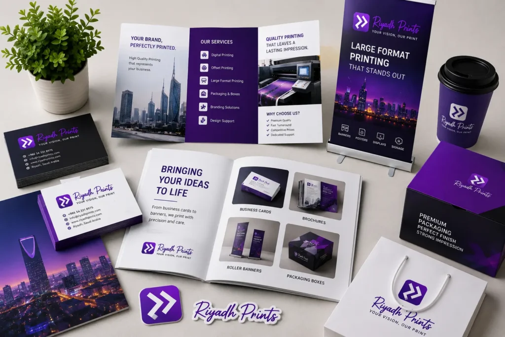 Professional printing services in Riyadh including business cards, brochures, banners and packaging