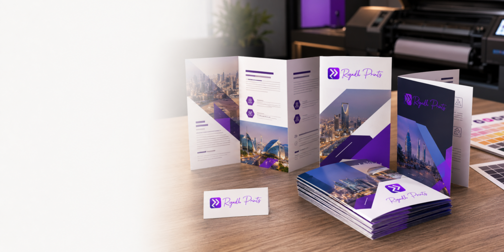 Brochure printing in Riyadh by Riyadh Prints showing tri fold and bi fold brochure samples