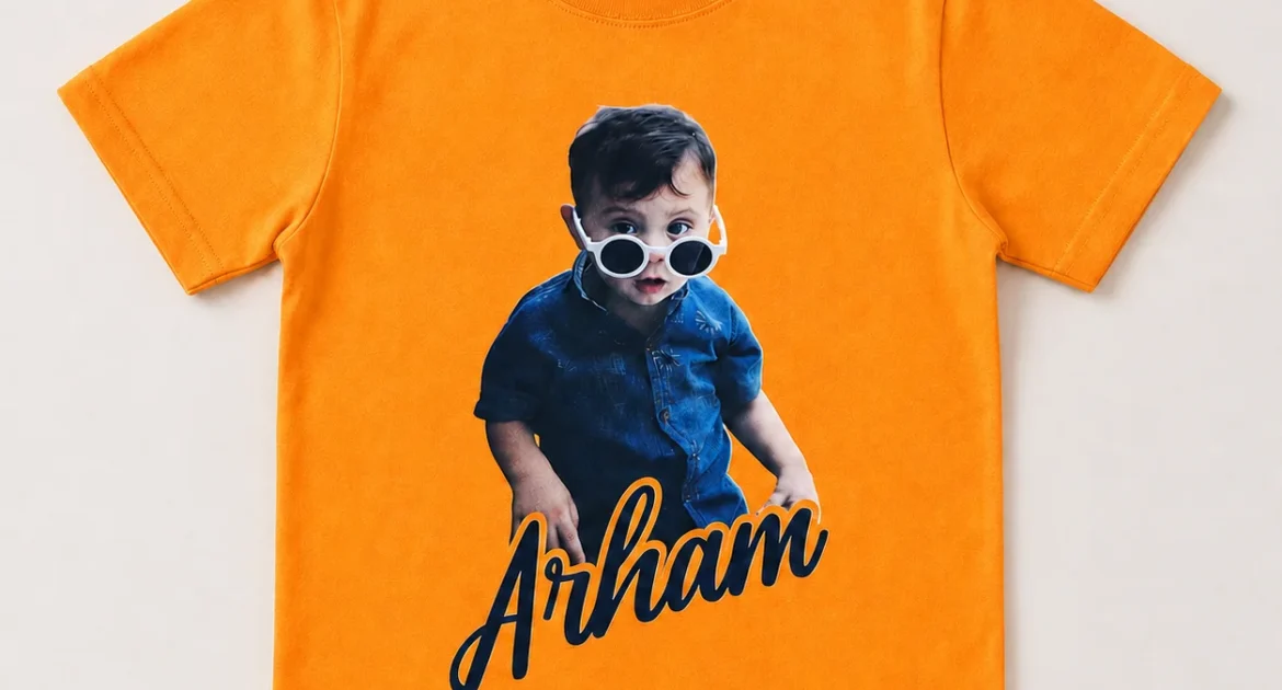 Orange kids T-shirt with Arham photo print by Riyadh Prints