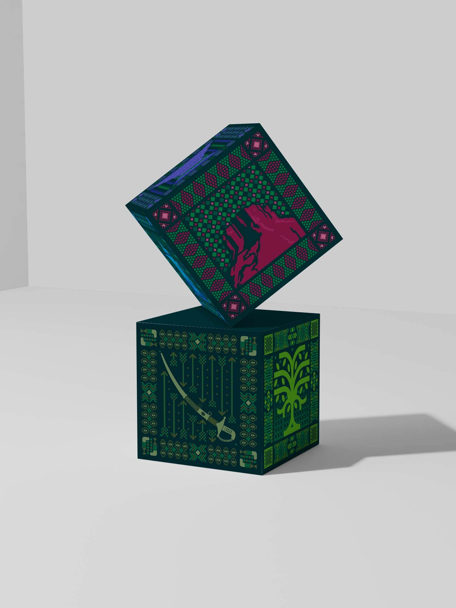 Saudi national day decor cubes used as reception wayfinding in a corporate lobby
